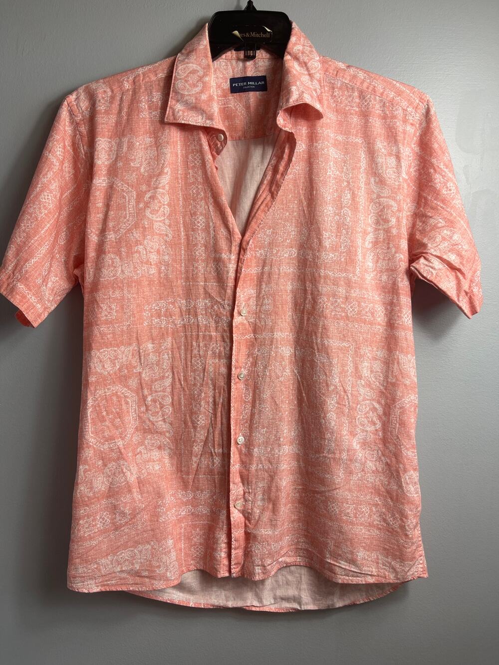 Peter Millar Collection Mens M Linen Blend Short Sleeve Paisley Pink Shirt